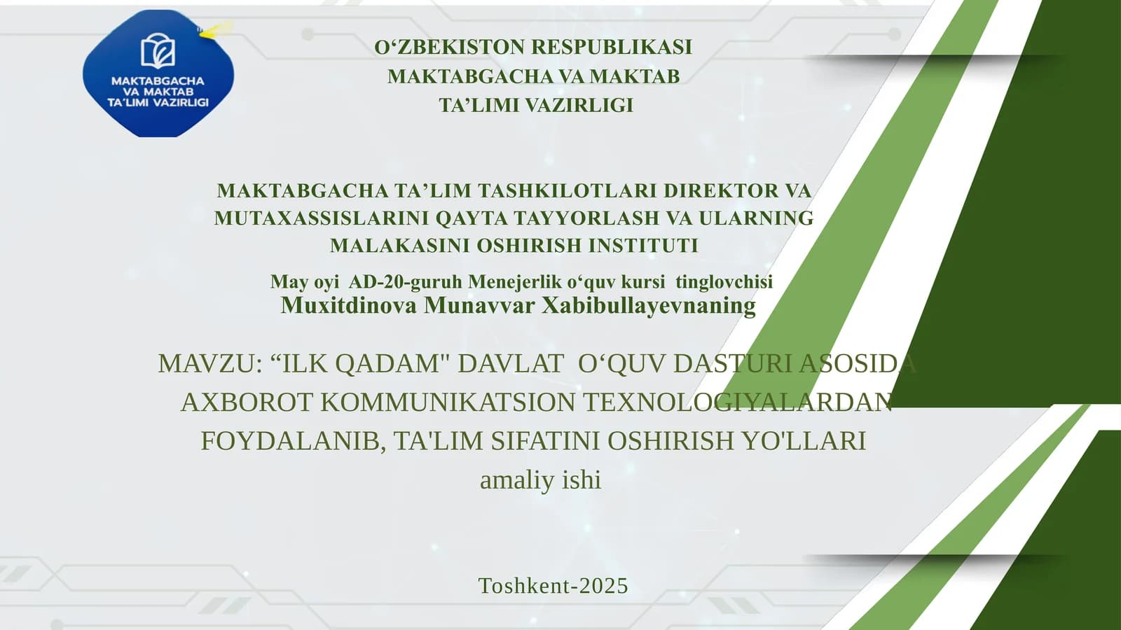 "ILK QADAM" DAVLAT O'QUV DASTURI