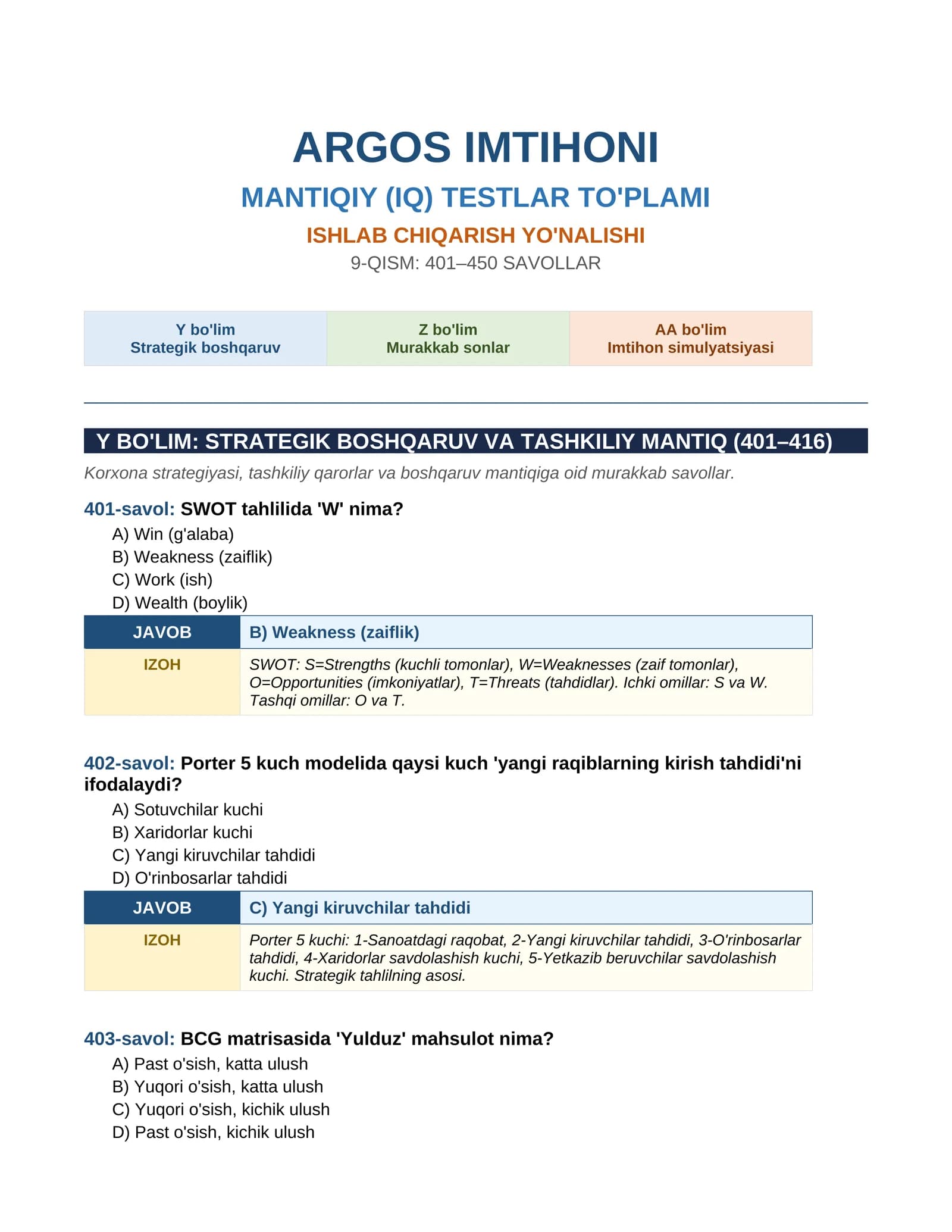ARGOS IMTIHONI MANTIQIY (IQ) TESTLAR TO'PLAMI