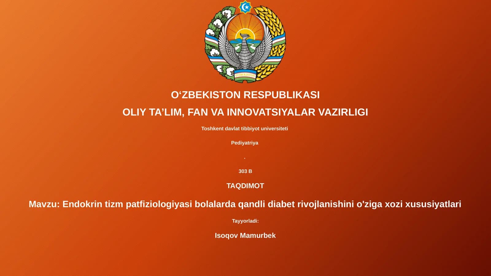 Endokrin tizm patfiziologiyasi bolalarda qandli diabet rivojlanishini o'ziga xozi xususiyatlari