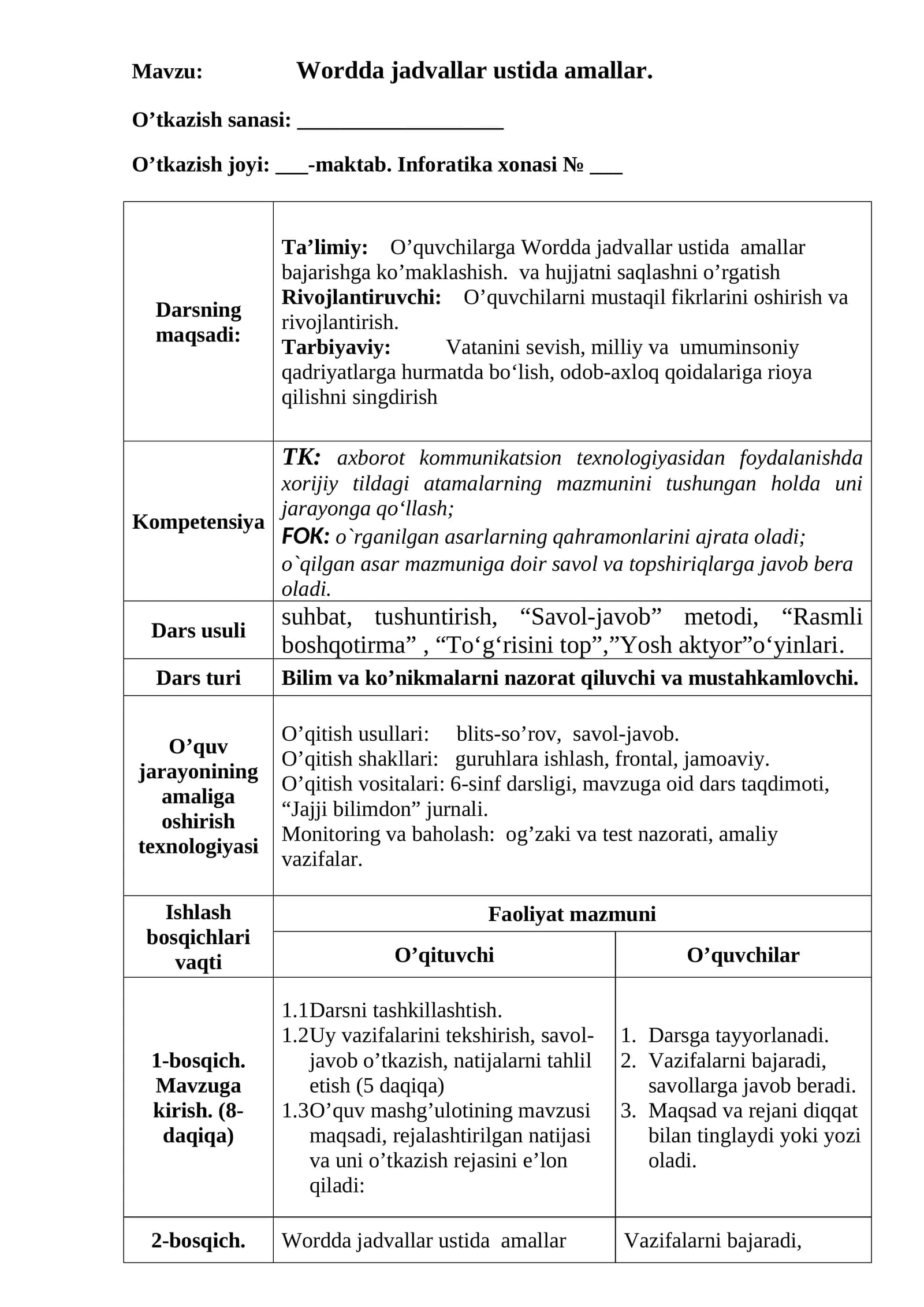 Wordda jadvallar ustida amallar