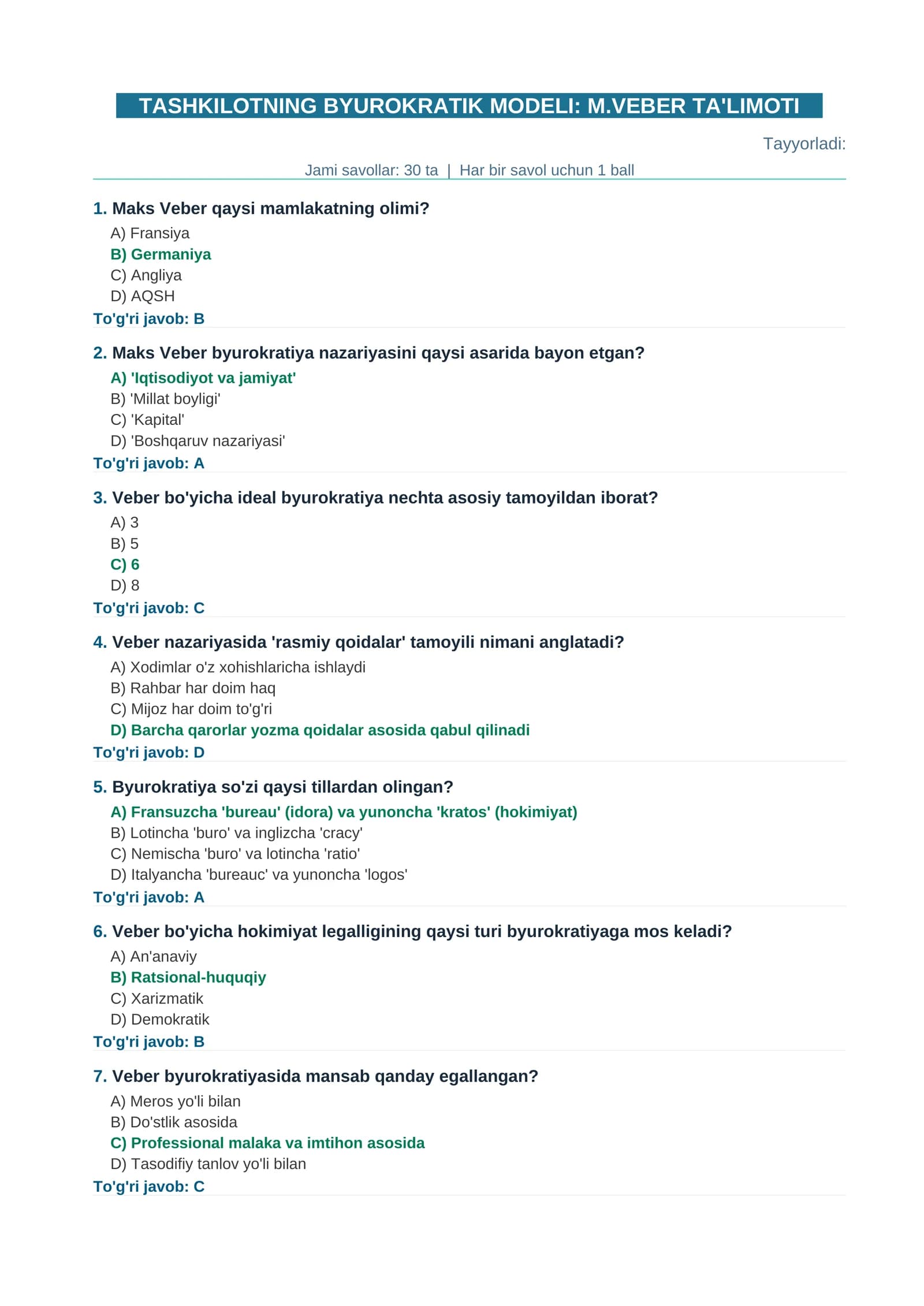 TASHKILOTNING BYUROKRATIK MODELI: M.VEBER TA'LIMOTI