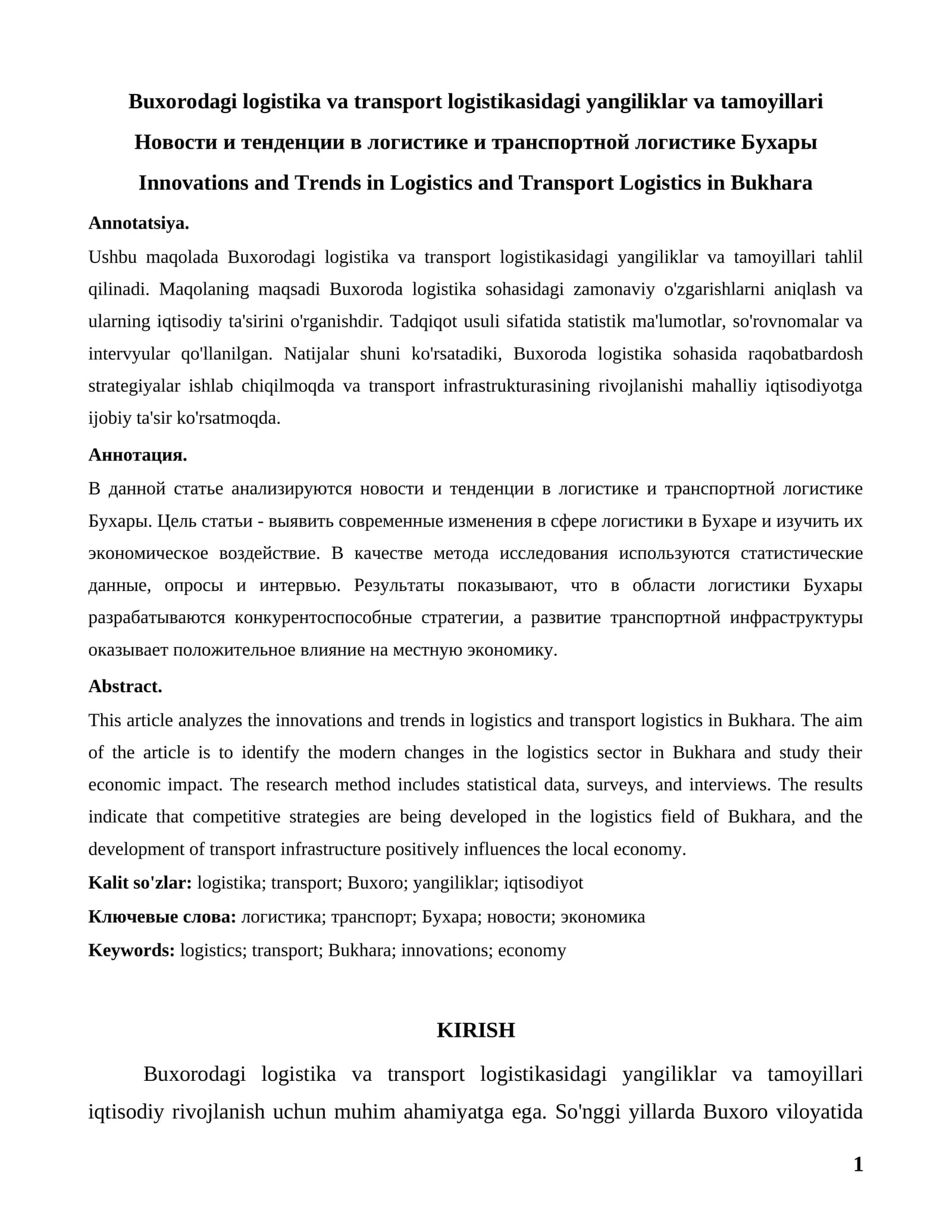 Buxorodagi logistika va transport logistikasidagi yangiliklar va tamoyillari