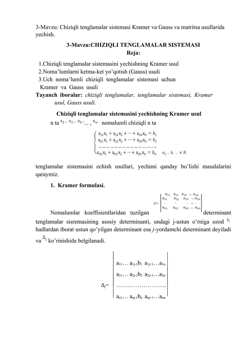 Chiziqli tenglamalar sistemasi Kramer va Gauss va matritsa usullarida yechish.