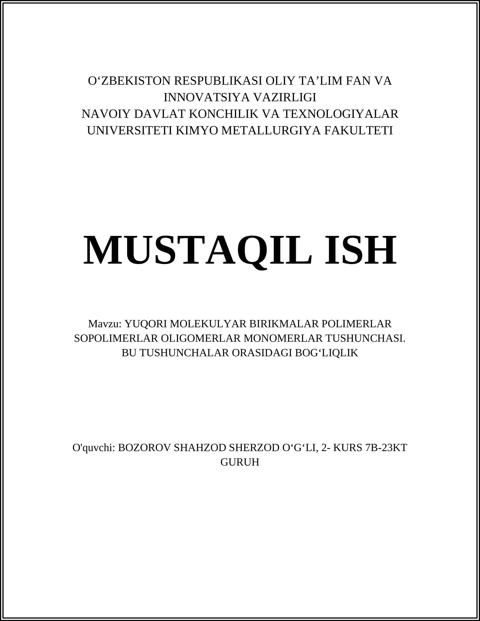 Yuqori molekulyar birikmalar tushunchasi