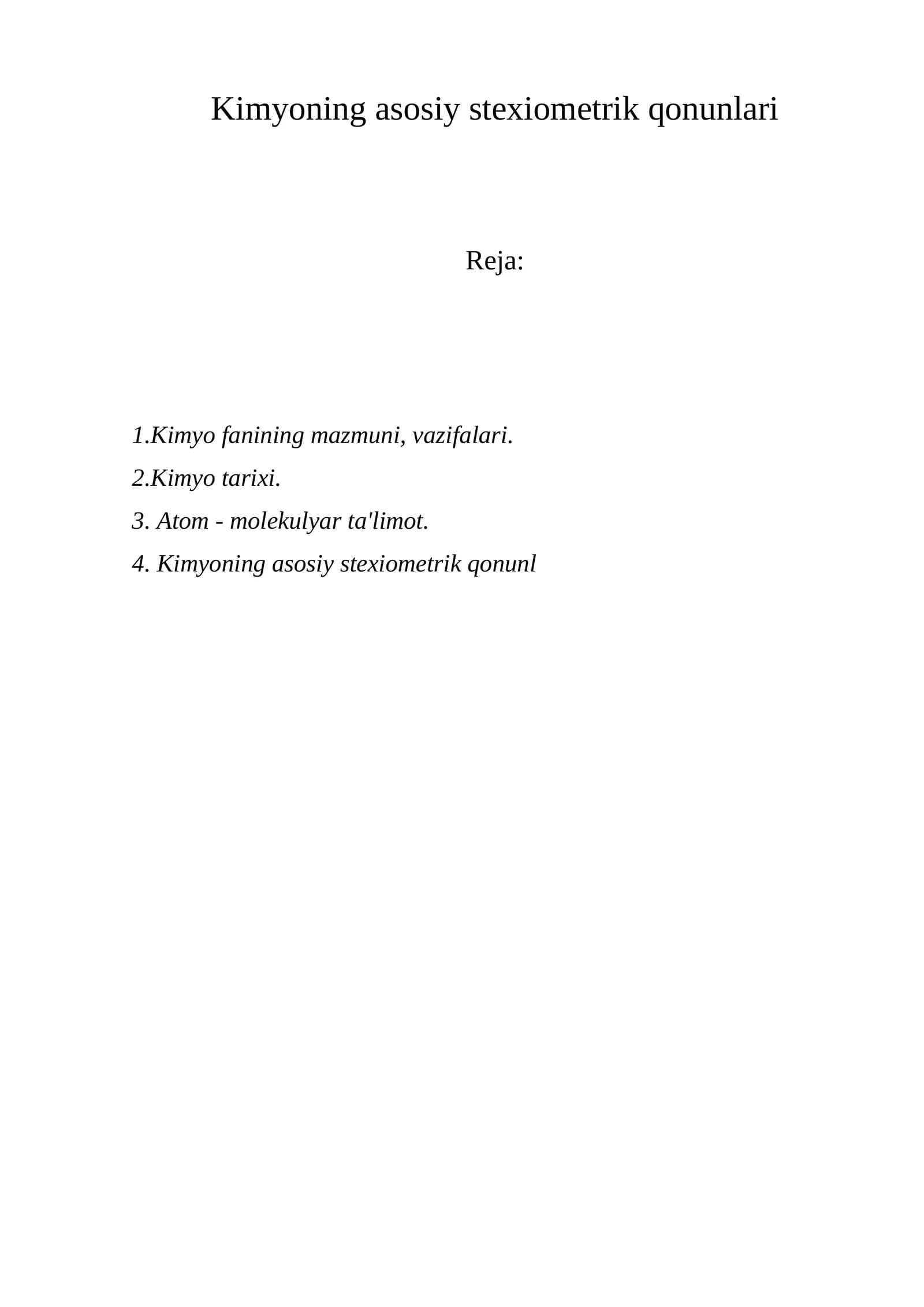Kimyoning asosiy stexiometrik qonunlari