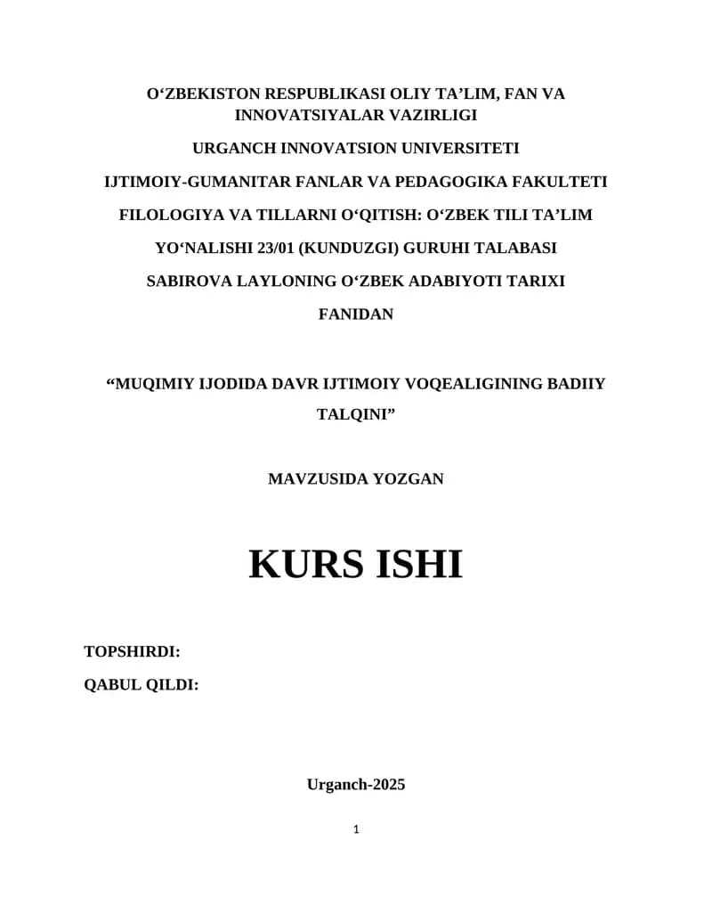 Muqimiy Ijodida Davr Ijtimoiy Voqeliginin Badiyi Talqini