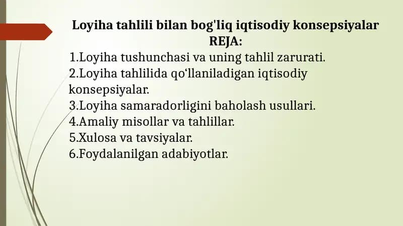 Loyiha tahlili bilan bog'liq iqtisodiy konsepsiyalar