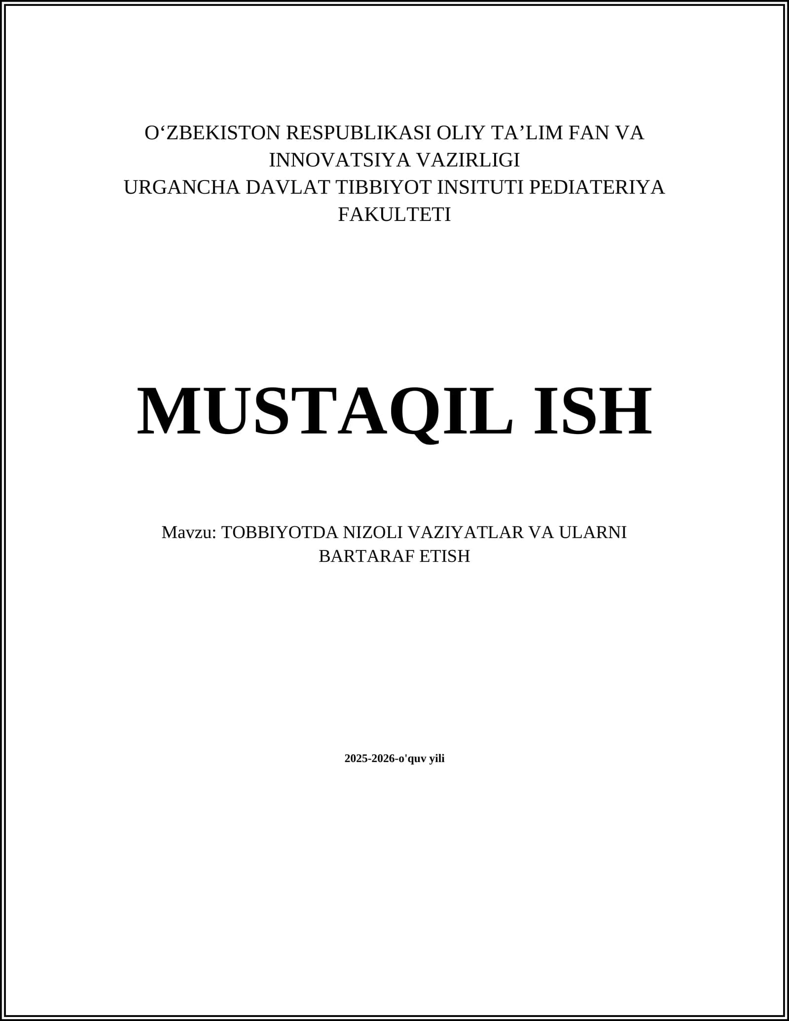 TOBBIYOTDA NIZOLI VAZIYATLAR VA ULARNI BARTARAF ETISH