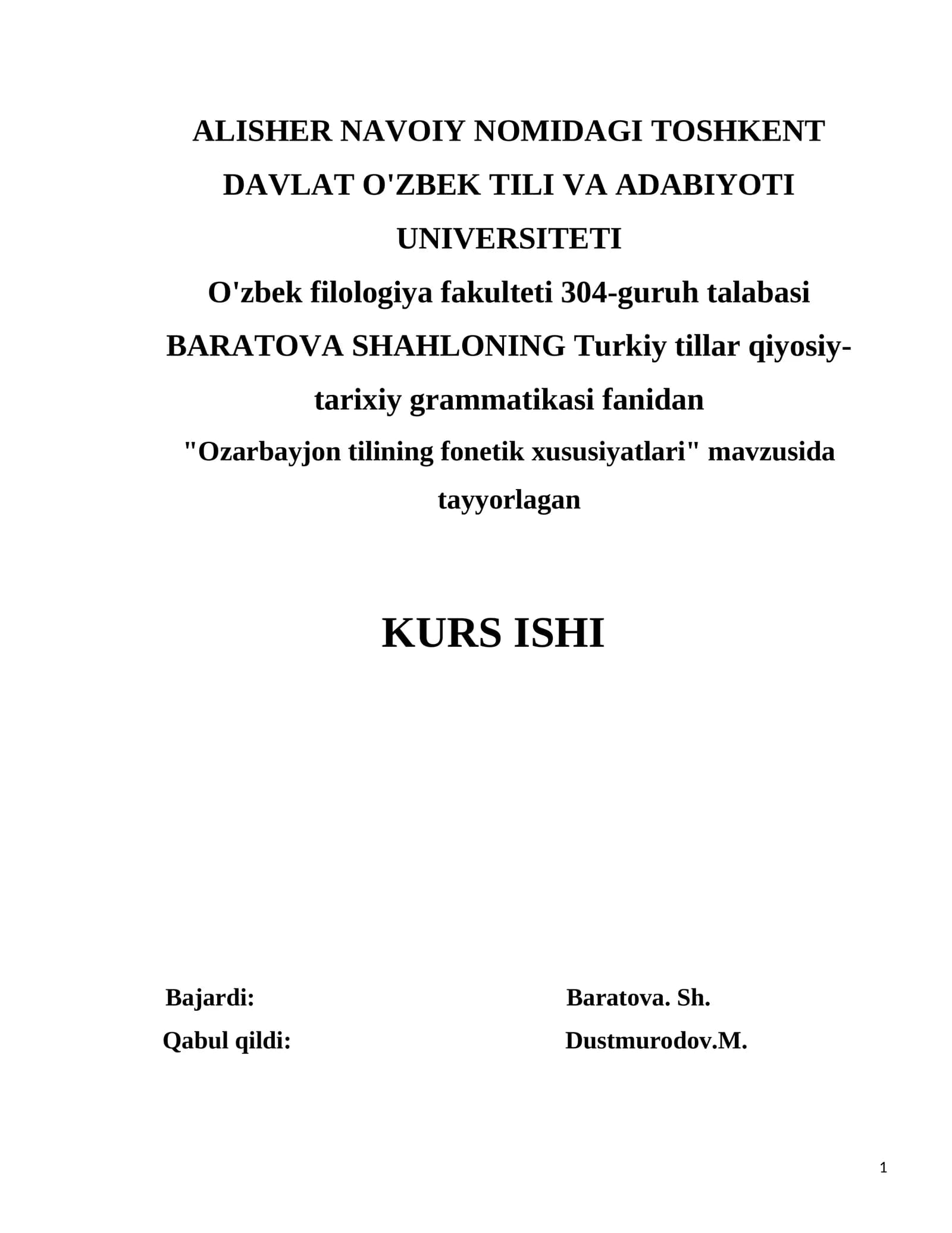 "Ozarbayjon tilining fonetik xususiyatlari" kurs isi
