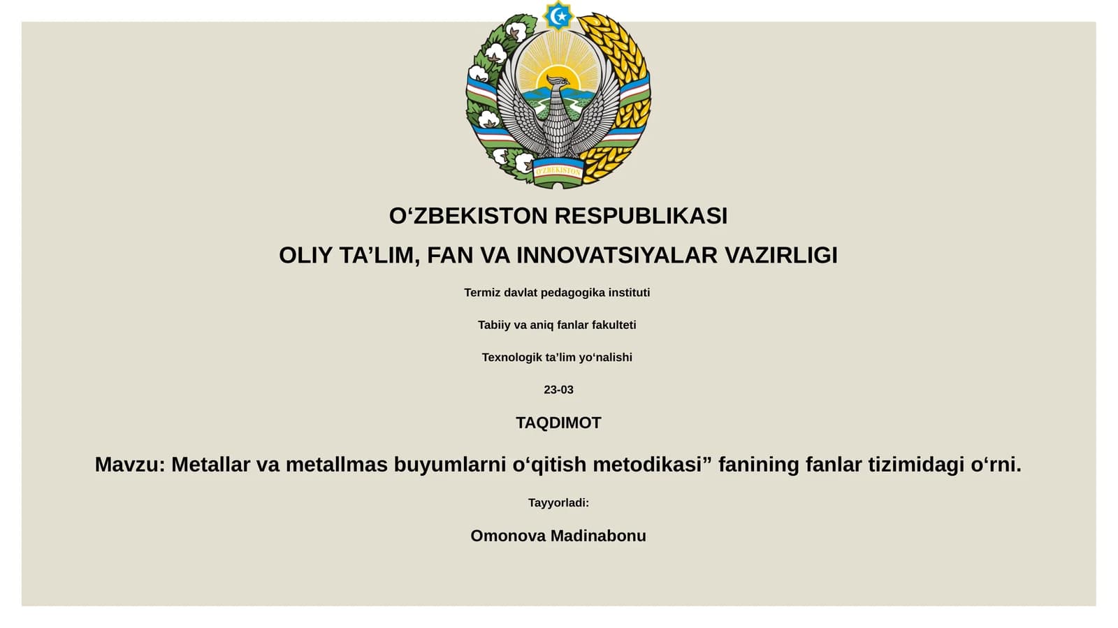 Metallar va metallmas buyumlarni o‘qitish metodikasi