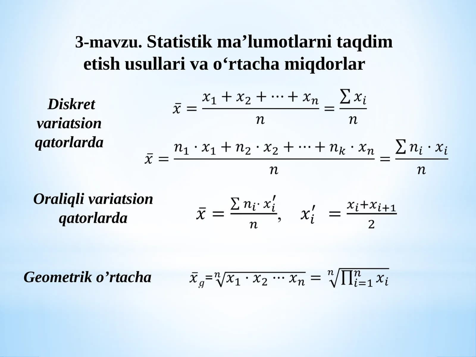 Statistik ma’lumotlarni taqdim etish usullari va o‘rtacha miqdorlar