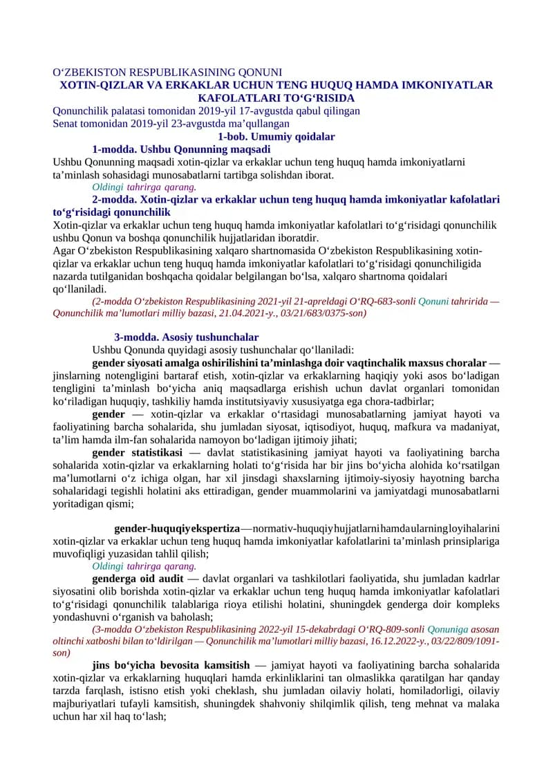 XOTIN-QIZLAR VA ERKAKLAR UCHUN TENG HUQUQ HAMDA IMKONIYATLAR KAFOLATLARI TO‘G‘RISIDA