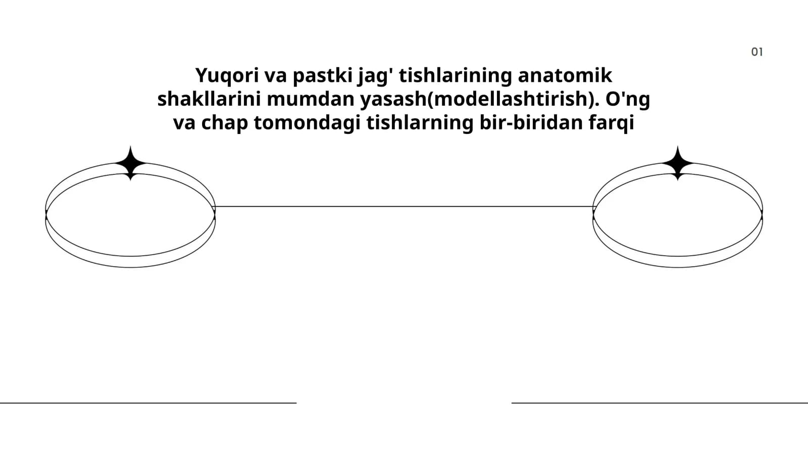 Yuqori va pastki jag' tishlarining anatomik shakllarini mumdan yasash(modellashtirish). O'ng va chap tomondagi tishlarning bir-biridan farqi