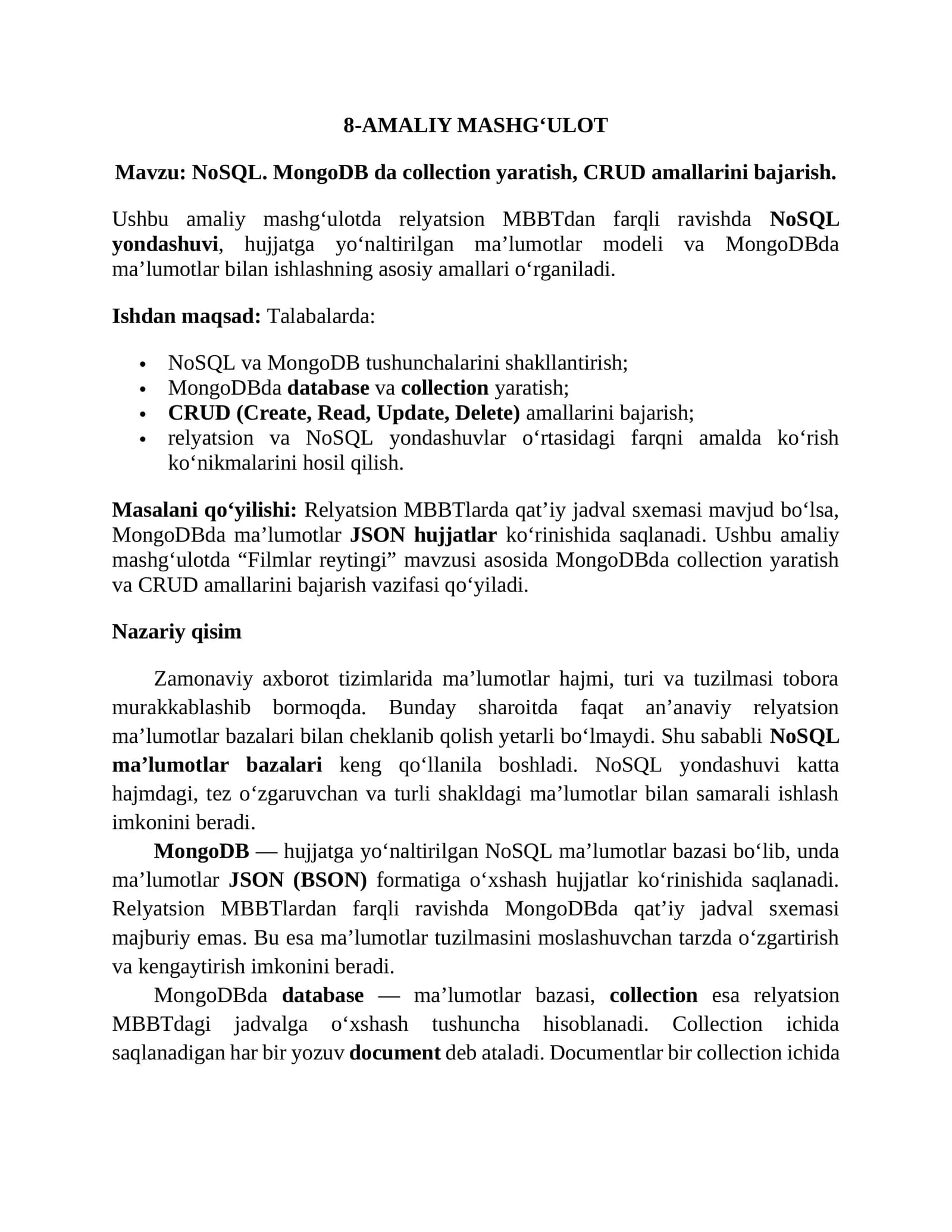 NoSQL. MongoDB da collection yaratish, CRUD amallarini bajarish