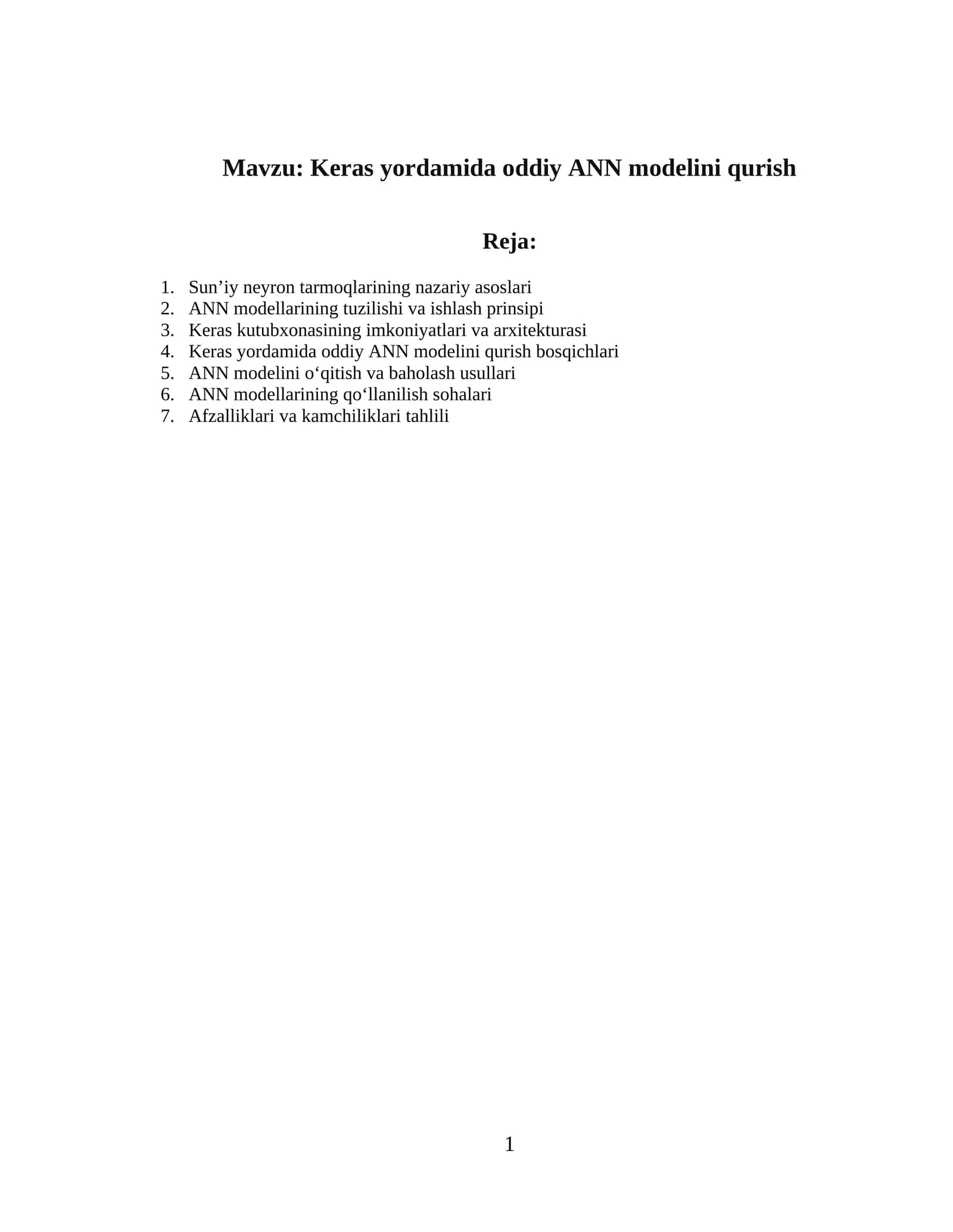 Keras yordamida oddiy ANN modelini qurish