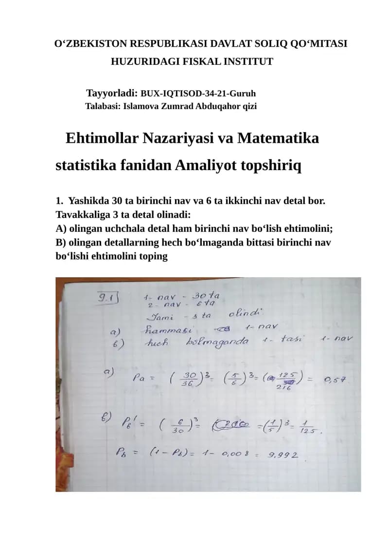 Ehtimollar Nazariyasi va Matematika statistika fanidan Amaliyot topshiriq
