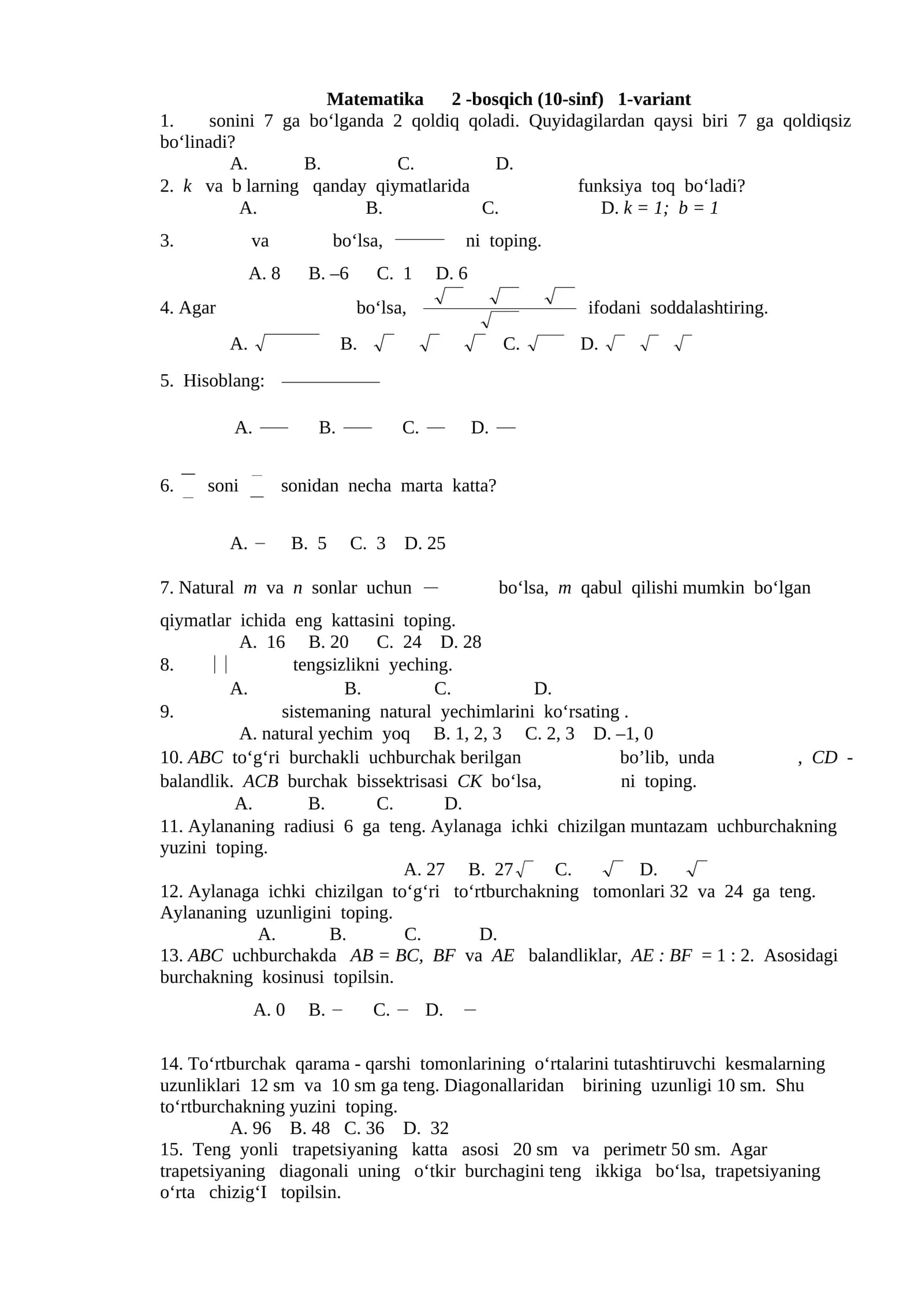 Matematika 10-sinf uchun qiyin test