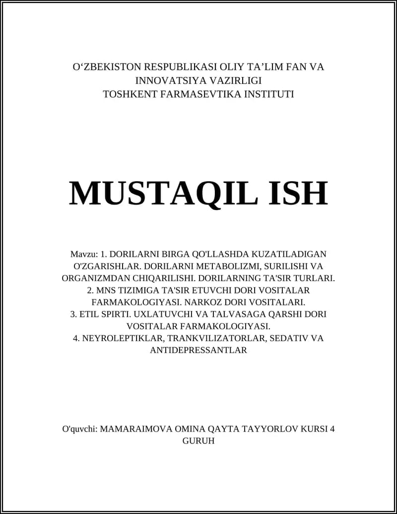 Dorilarni Birga Qo'llashda Kuzatiladigan Farmakokinetik O'zaro Ta'sirlar