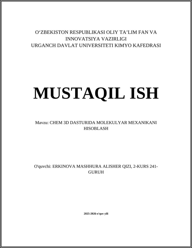 CHEM 3D DASTURIDA MOLEKULYAR MEXANIKANI HISOBLASH