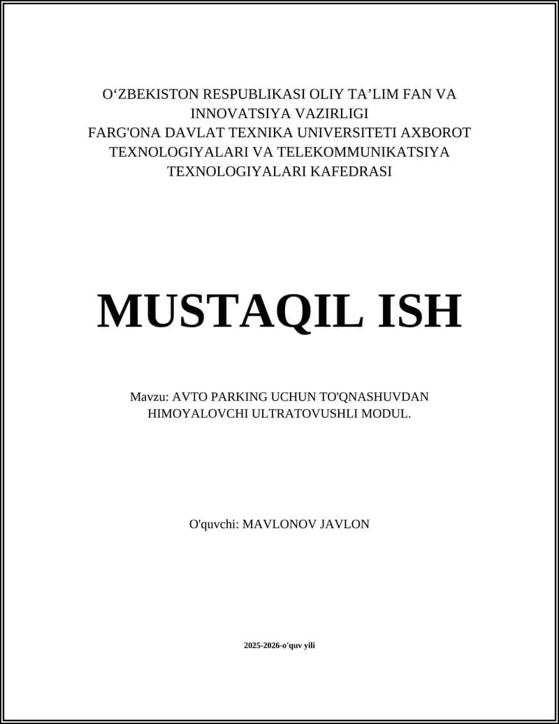 AVTO PARKING UCHUN TO'QNASHUVDAN HIMOYALOVCHI ULTRATOVUSHLI MODUL