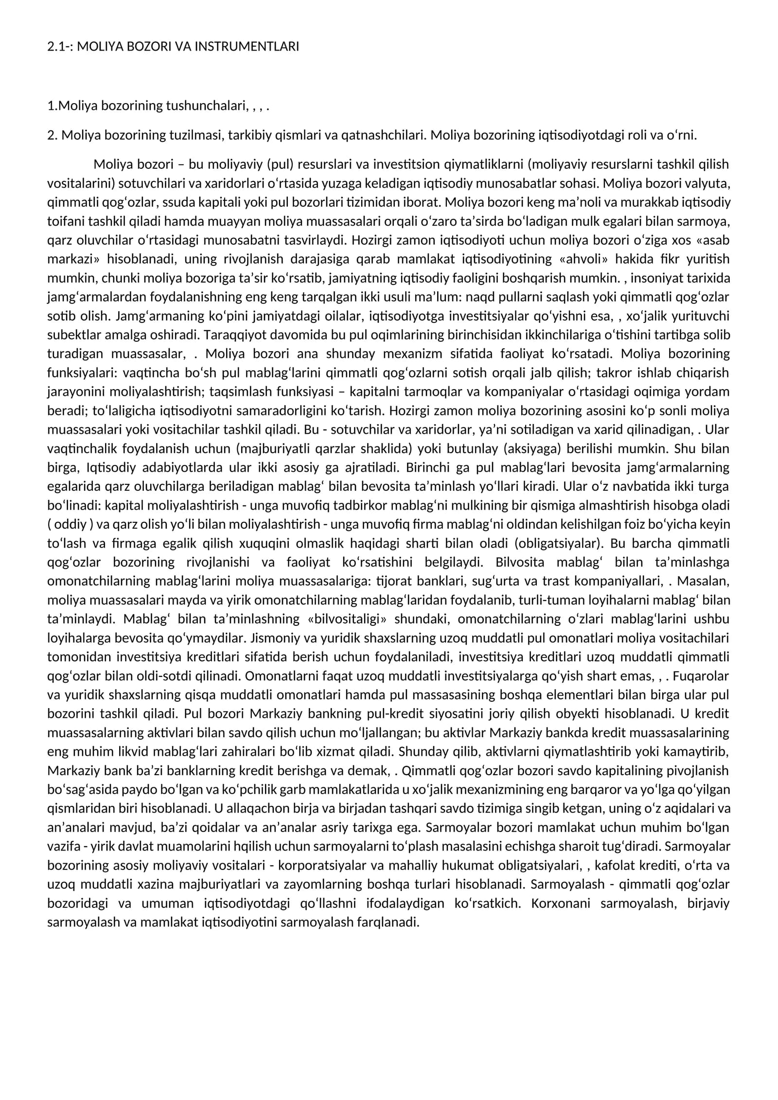 MOLIYA BOZORI VA INSTRUMENTLARI