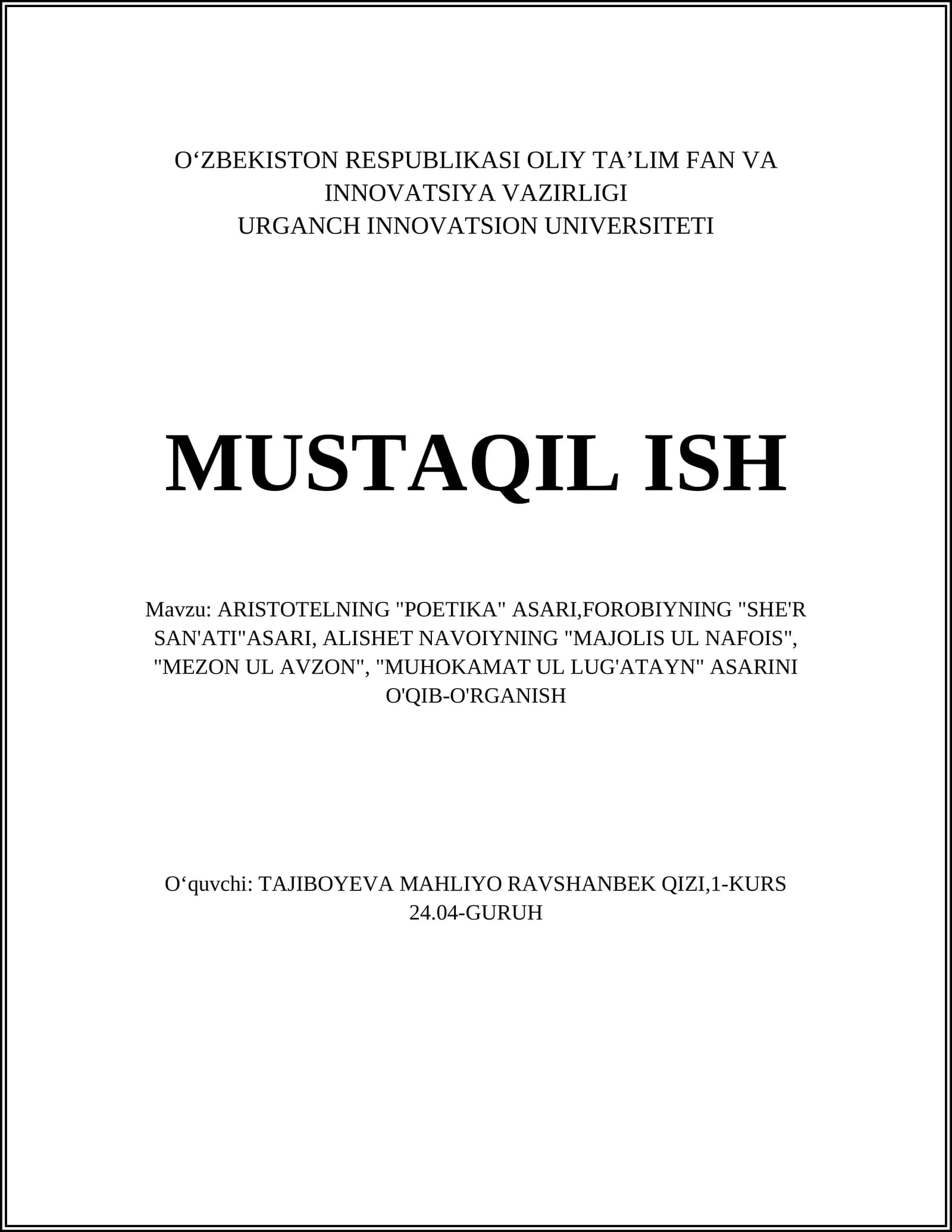 ARISTOTELNING "POETIKA" ASARI