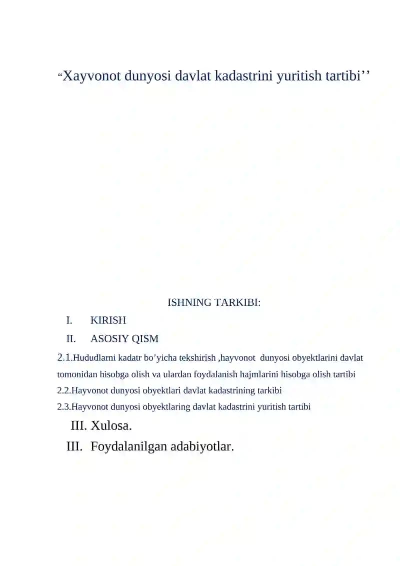 Hayvonot dunyosi davlat kadastrini yuritish tartibi