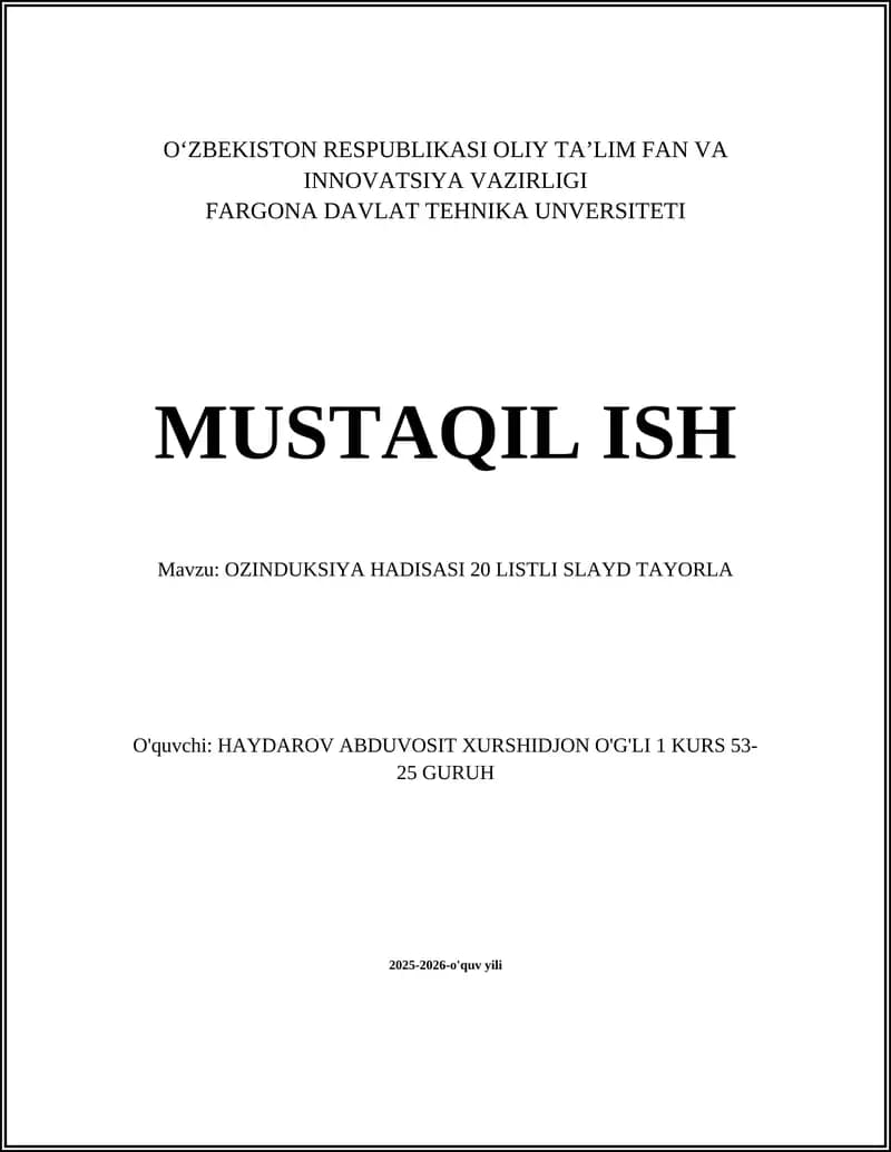 OZINDUKSIYA HADISASI 20 LISTLI SLAYD TAYORLA