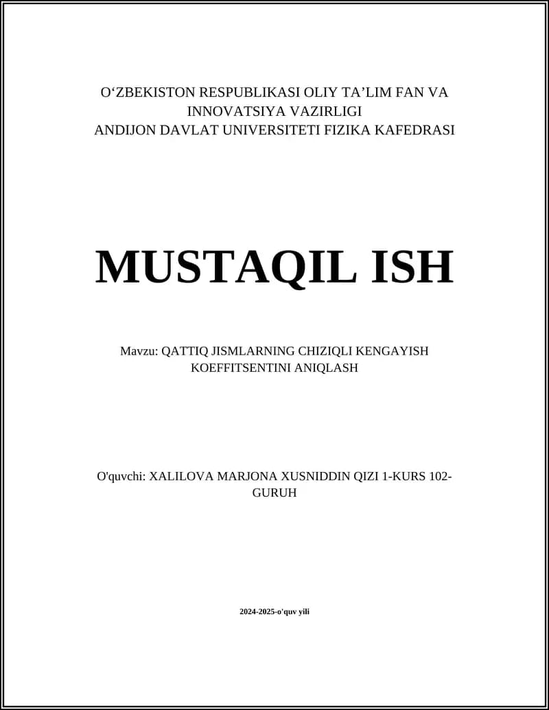 QATTIQ JISMLARNING CHIZIQLI KENGAYISH KOEFFITSENTINI ANIQLASH