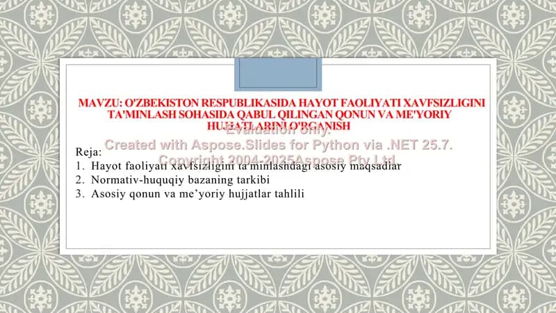 O'zbekiston Respublikasida hayot faoliyati xavfsizligini ta'minlash sohasida qabul qilingan qonun va me'yoriy hujjatlarini o'rganish