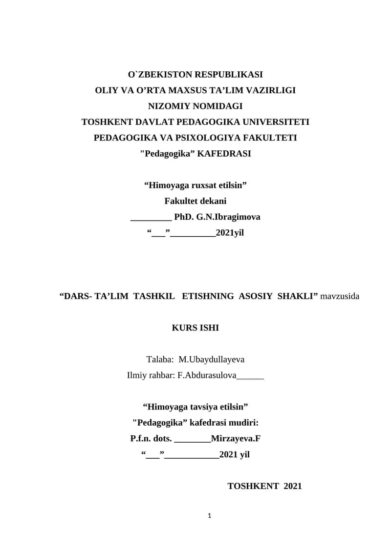 Dars- Ta'lim Tashkil Etishning Asosiy Shakli