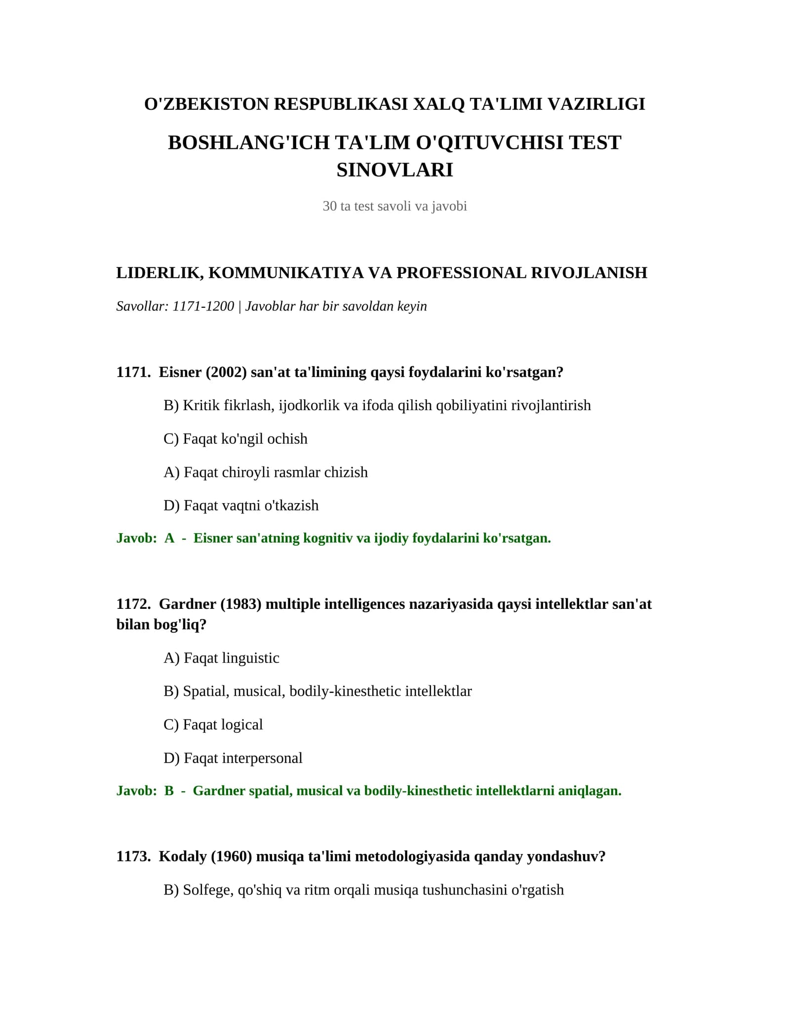 Boshlang'ich ta'lim o'qituvchisi test sinovlari