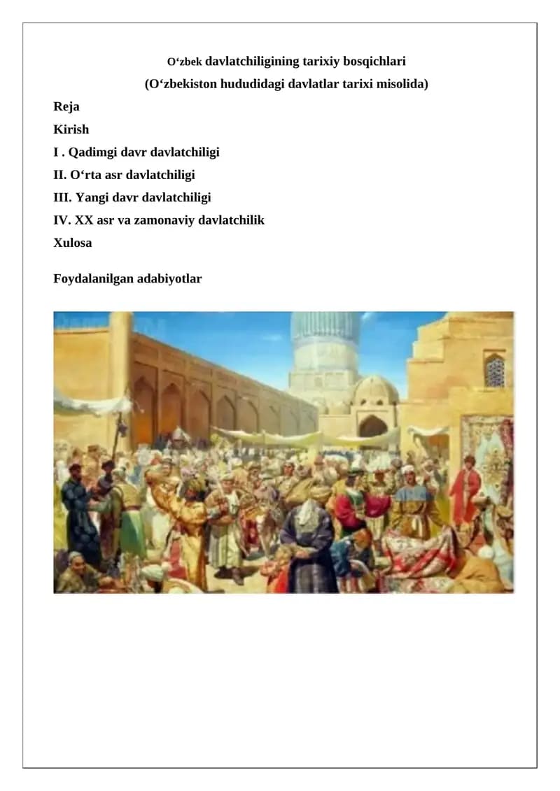 O‘zbek davlatchiligining tarixiy bosqichlari (O‘zbekiston hududidagi davlatlar tarixi misolida)