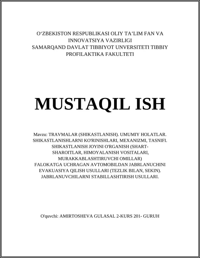 TRAVMALAR (SHIKASTLANISH). UMUMIY HOLATLAR. SHIKASTLANISHLARNI KO'RINISHLARI, MEXANIZMI, TASNIFI