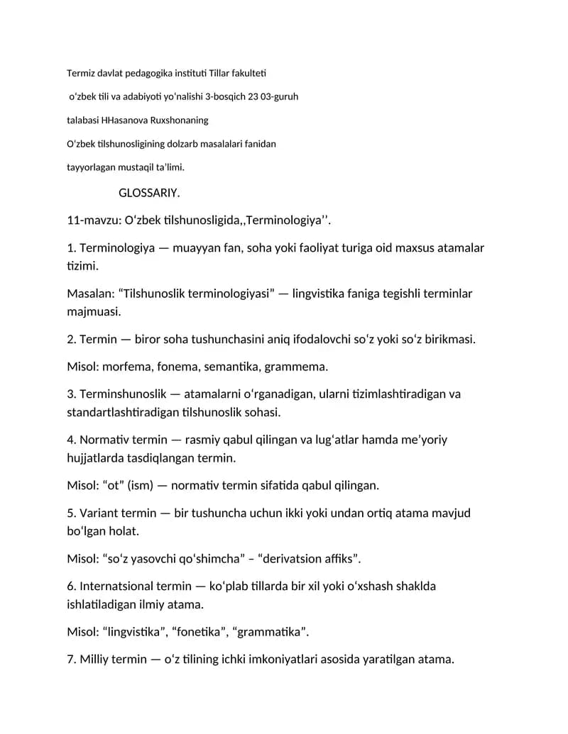 O‘zbek tilshunosligi Terminologiyasi