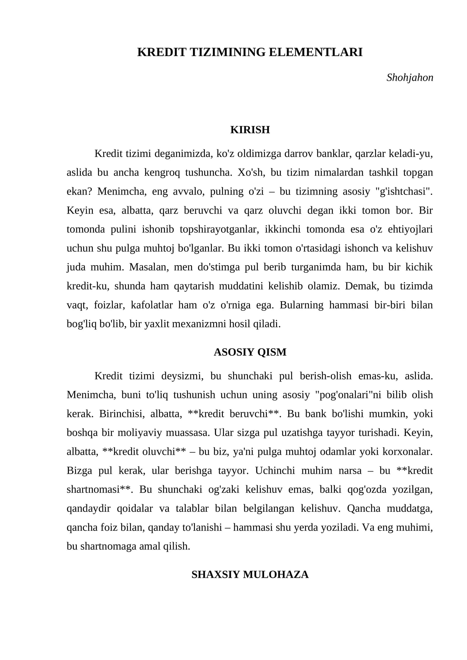 KREDIT TIZIMINING ELEMENTLARI