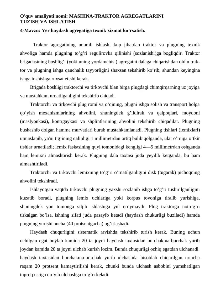 MASHINA-TRAKTOR AGREGATLARINI TUZISH VA ISHLATISH