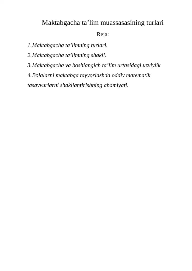 Maktabgacha ta’lim muassasasining turlari