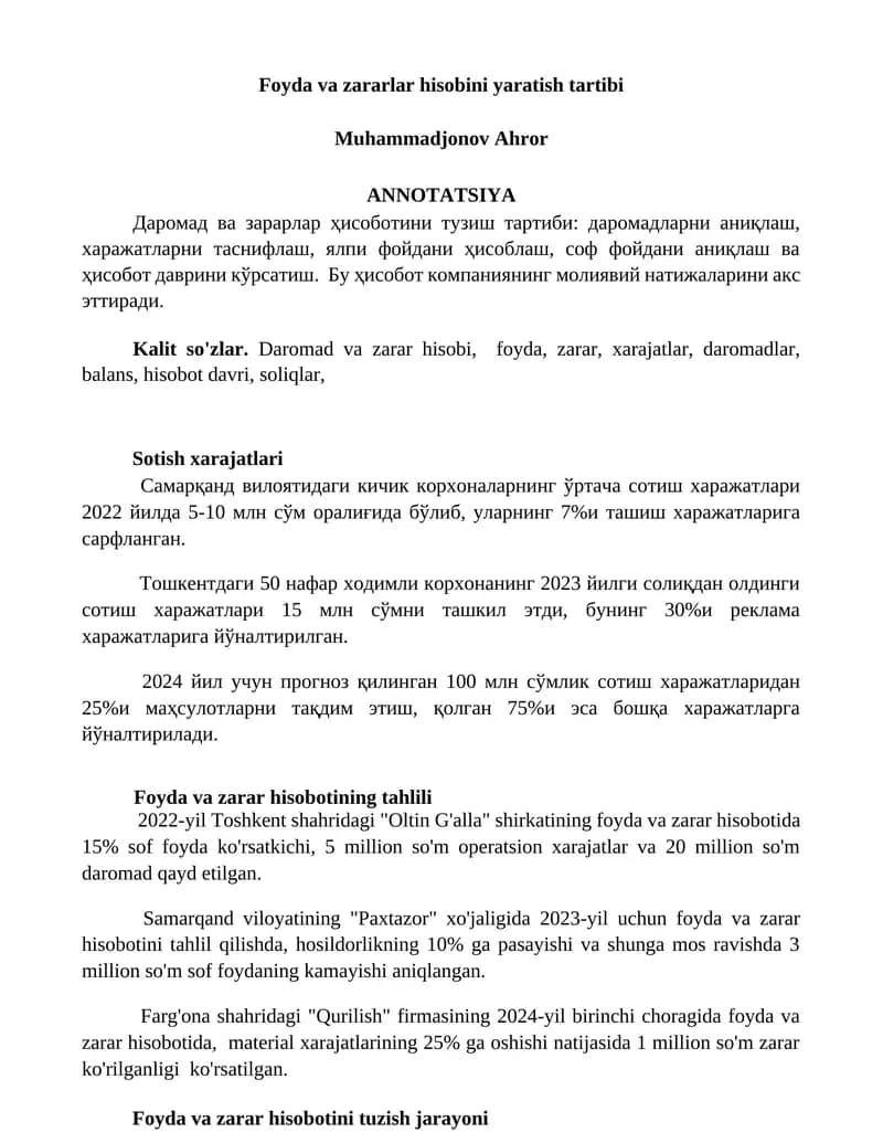 Foyda va zararlar hisobini yaratish tartibi
