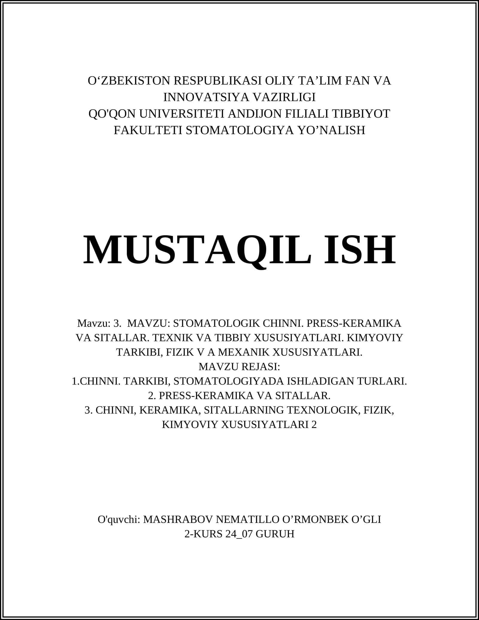 STOMATOLOGIK CHINNI. PRESS-KERAMIKA VA SITALLAR