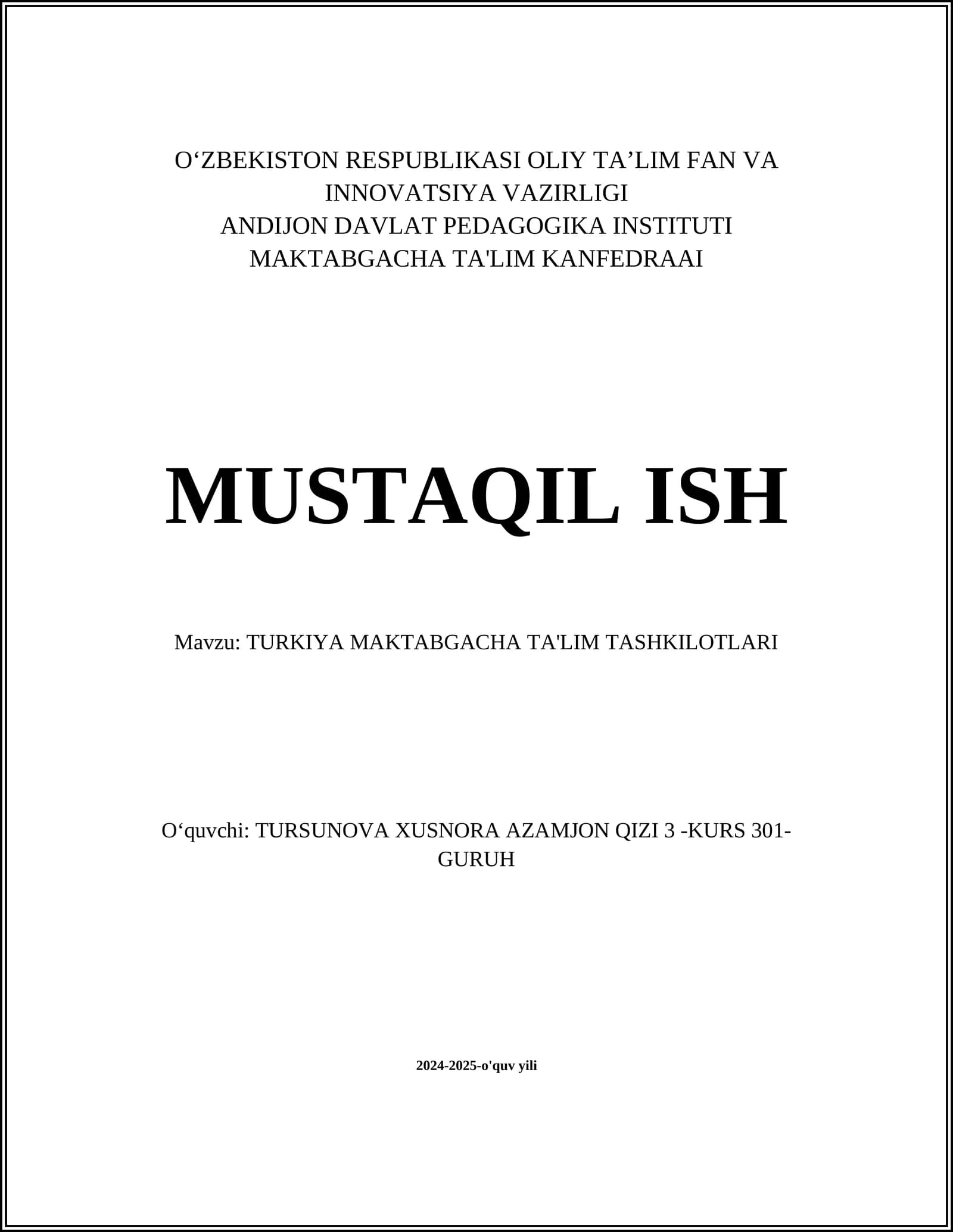 TURKIYA MAKTABGACHA TA'LIM TASHKILOTLARI