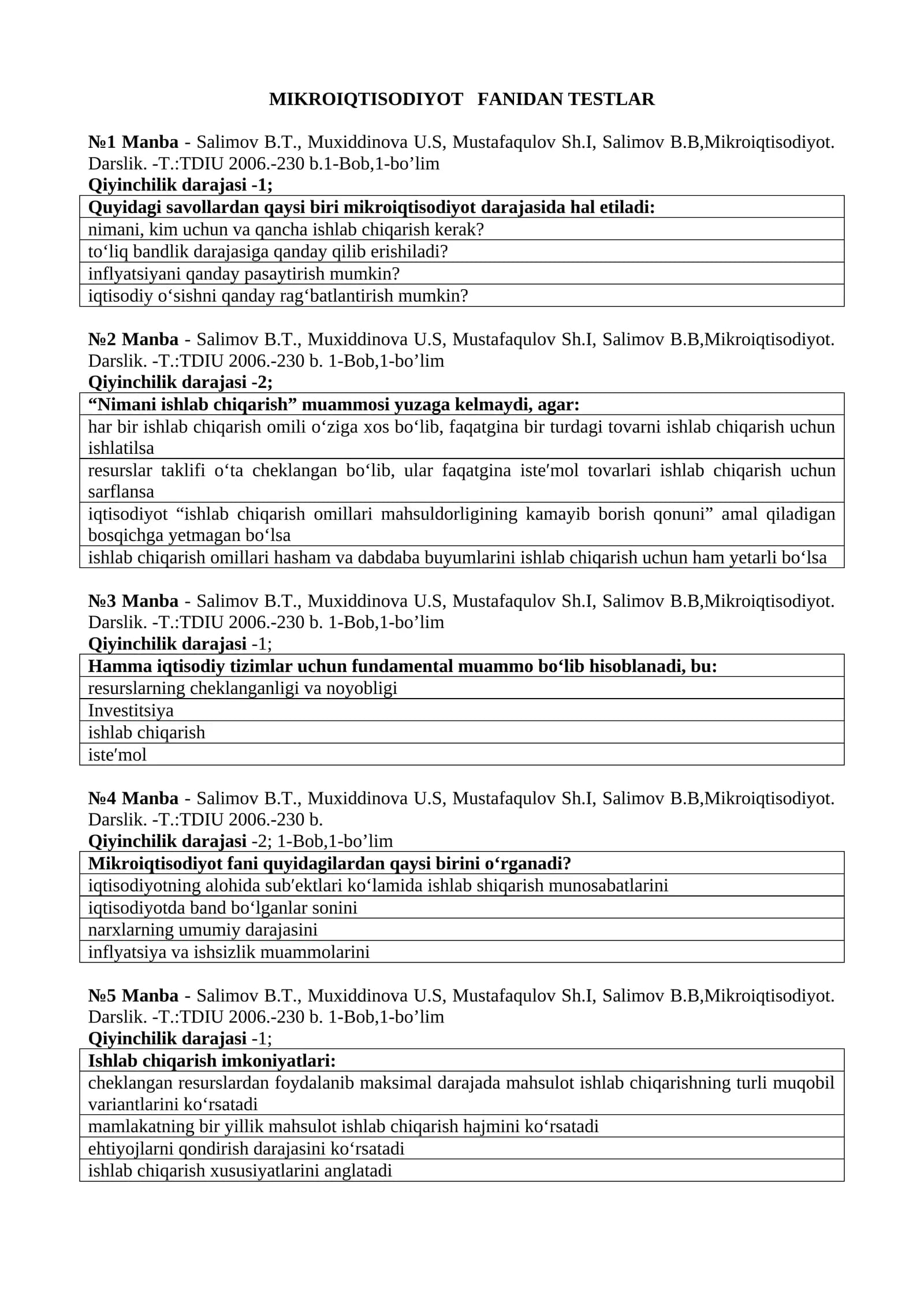 MIKROIQTISODIYOT FANIDAN TESTLAR