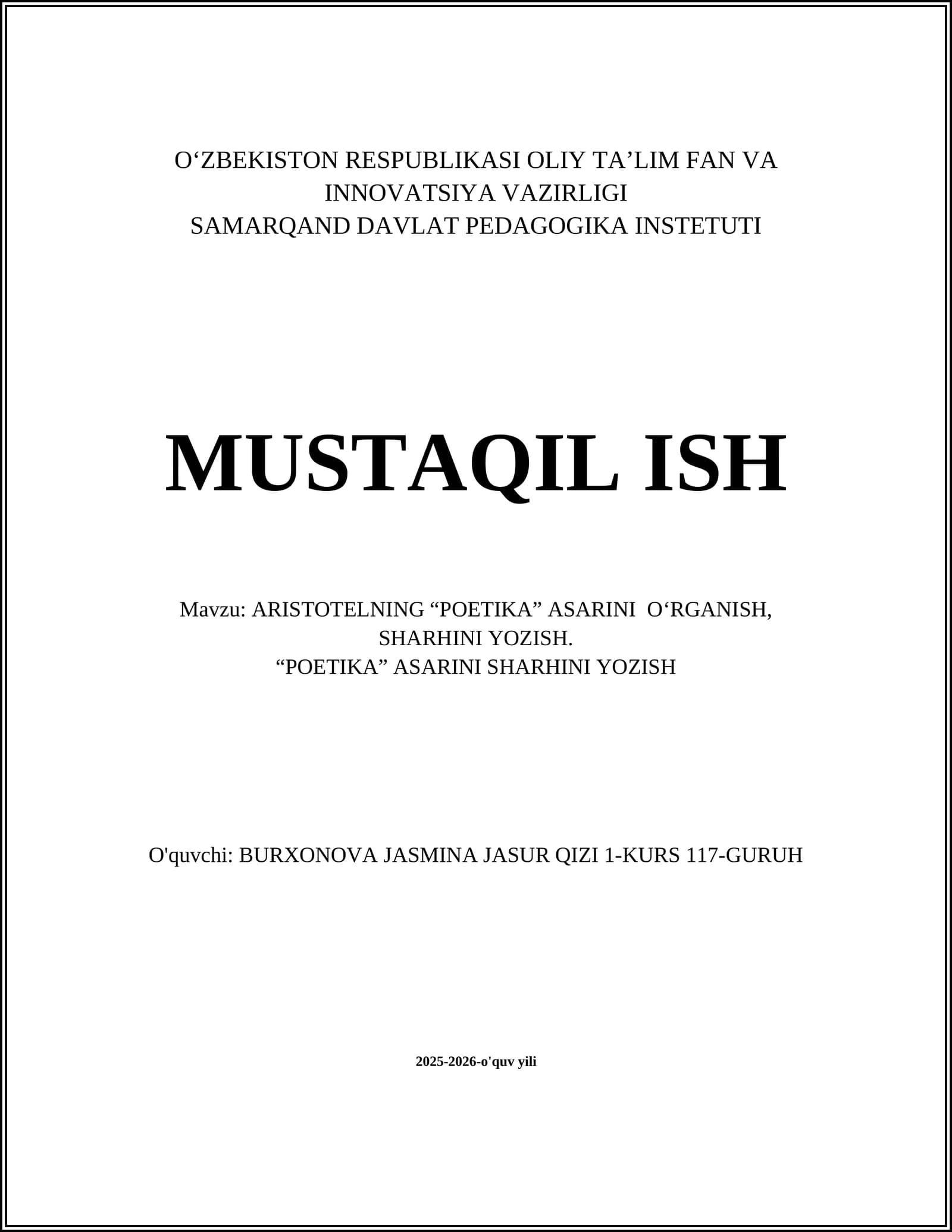ARISTOTELNING “POETIKA” ASARINI O‘RGANISH, SHARHINI YOZISH