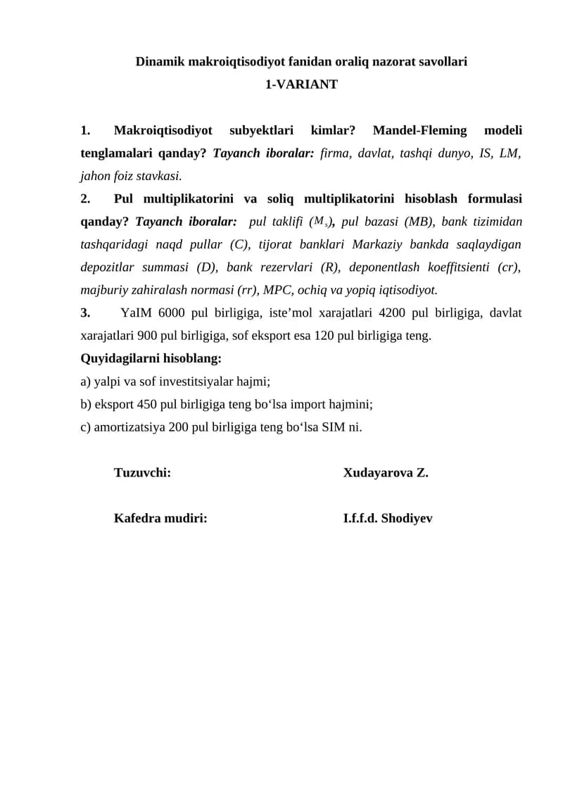 Dinamik makroiqtisodiyot fanidan oraliq nazorat savollari 1-VARIANT