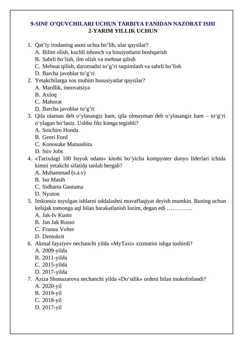 9-SINF O’QUVCHILARI UCHUN TARBIYA FANIDAN NAZORAT ISHI