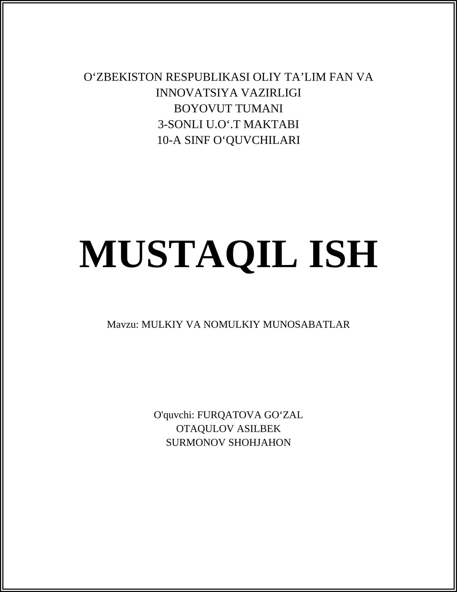 Mulkiy va Nomulkiy Munosabatlar
