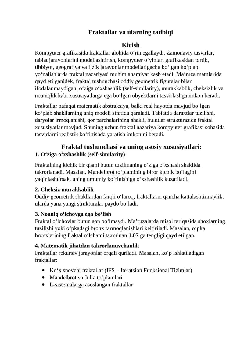 Fraktallar va ularning tadbiqi