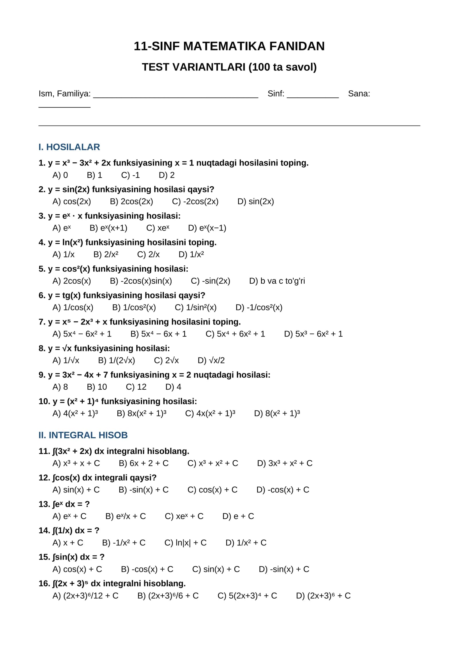 11-SINF MATEMATIKA FANIDAN TEST VARIANTLARI (100 ta savol)