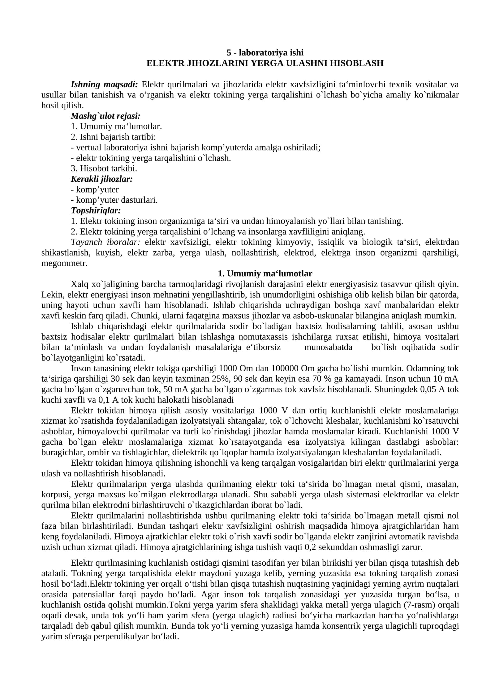ELEKTR JIHOZLARINI YERGA ULASHNI HISOBLASH