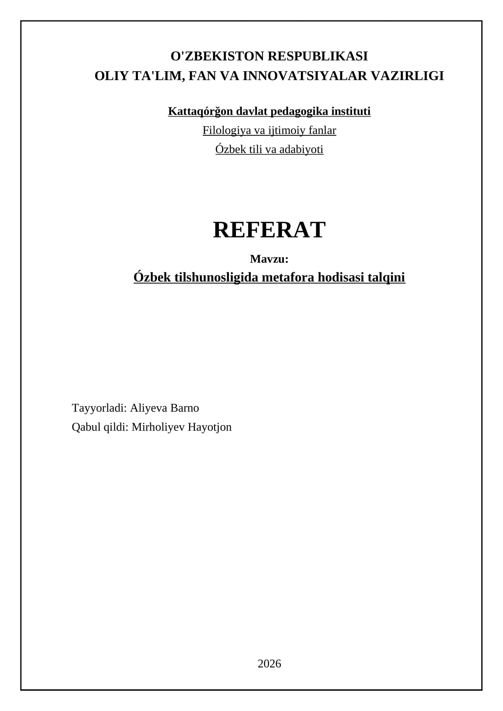 Ózbek tilshunosligida metafora hodisasi talqini